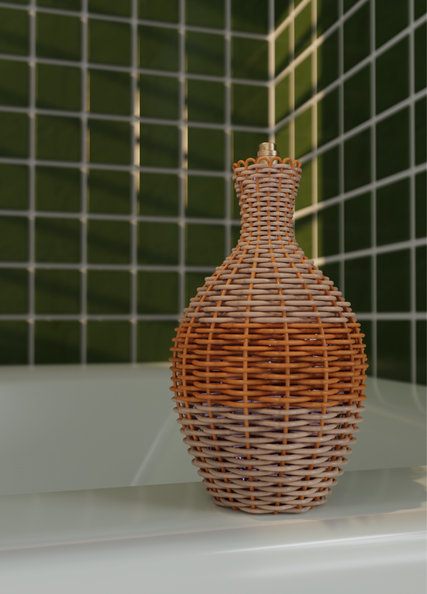 Braided Perfume Bottle in a bathroom with green tiled walls and golden hour lighting
